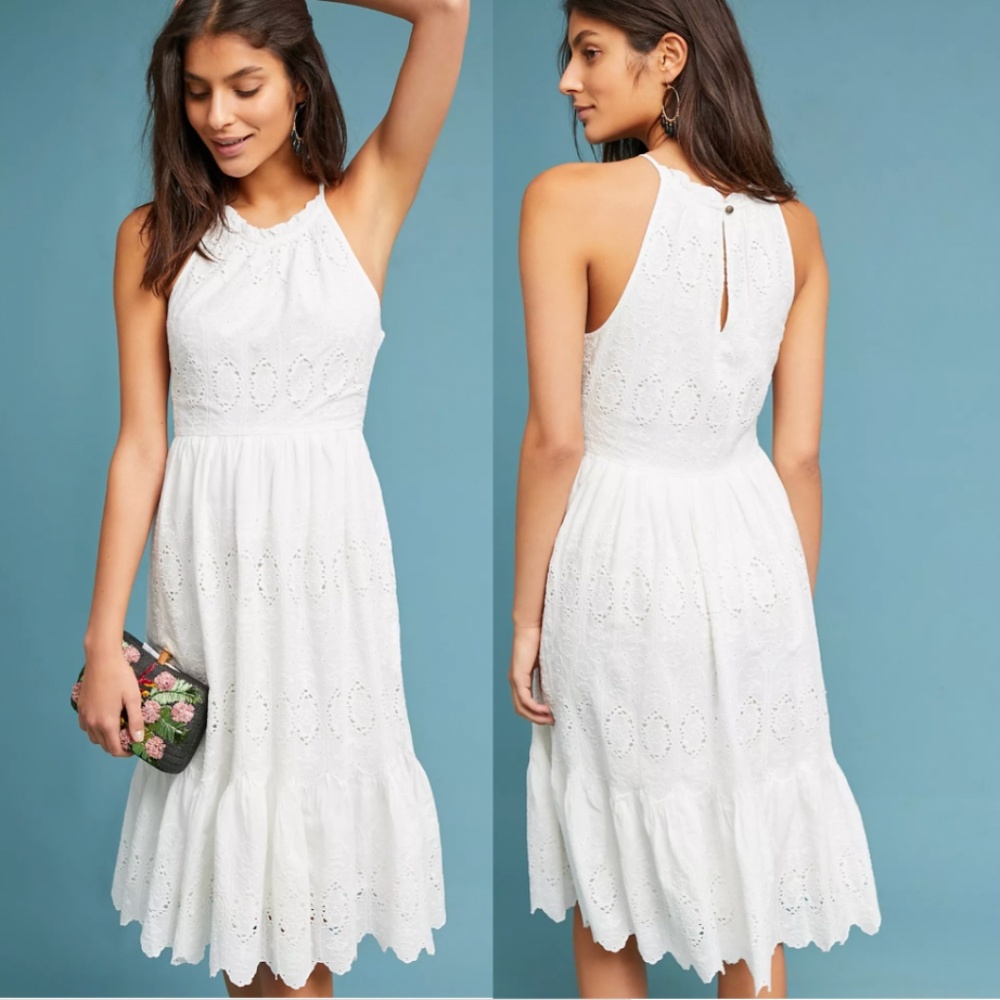 Anthropologie Maeve White Eyelet Tiered Dress
